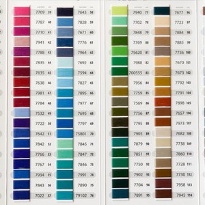 May include: A comprehensive colour chart featuring a wide array of thread samples arranged in vertical columns. Each sample is paired with a unique numerical identifier, showcasing a diverse spectrum of hues including yellows, reds, blues, greens, and neutrals.