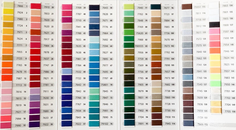 May include: A comprehensive colour chart featuring a wide array of thread samples arranged in vertical columns. Each sample is paired with a unique numerical identifier, showcasing a diverse spectrum of hues including yellows, reds, blues, greens, and neutrals.