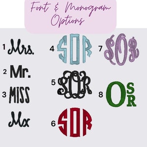 Puede incluir: Un gr&aacute;fico que muestra ocho opciones diferentes de fuente y monograma para bordado. Las opciones incluyen "Sra.", "Sr.", "Srita.", "Mx" y diferentes estilos de monograma en varios colores.