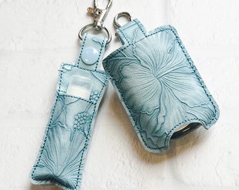 Light Blue Floral Embossed Vegan Leather Lip balm Essential Oil USB Lip Balm Keychain Case Holder Gift Gifts Under 20 Idea Ideas