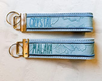 Floral Embossed Vegan Leather Wristlet Keychain - Light Blue Key Fob