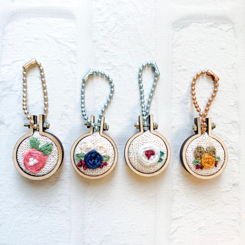 Mini Embroidered Roses Embroidery Hoop Flowers Charm Keychain Etsy