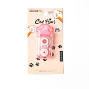 May include: A pink and clear plastic tape dispenser shaped like a cat paw. The dispenser has a black paw print on the front and the words "Cat Paws" in black text.