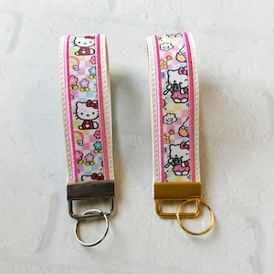 Hi Cat Vegan Leather Safety Keychain: Kawaii Kitty Camera Wristlet Key chain, Teacher Wrist Lanyard, Cartoon White Cat embroidered fob