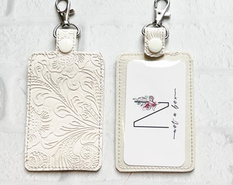 Cream Embossed ID Holder,Personalized Bag Tag,Custom ID Badge Holder,Vertical ID Case,Lanyard Accessory, Teacher Gift,Gifts Under 20