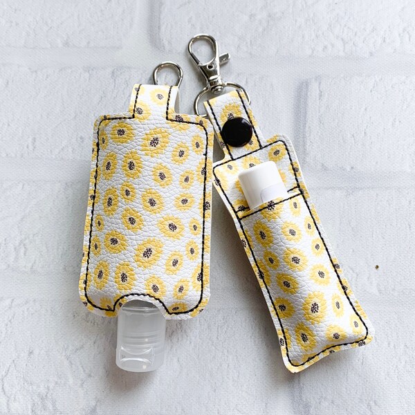 Yellow Floral Vegan Leather Hand Sanitizer Essential Oil Holder,Hand Sanitizer Keychain Case,Sunflower Hand Sanitizer Badge Reel Clip gift