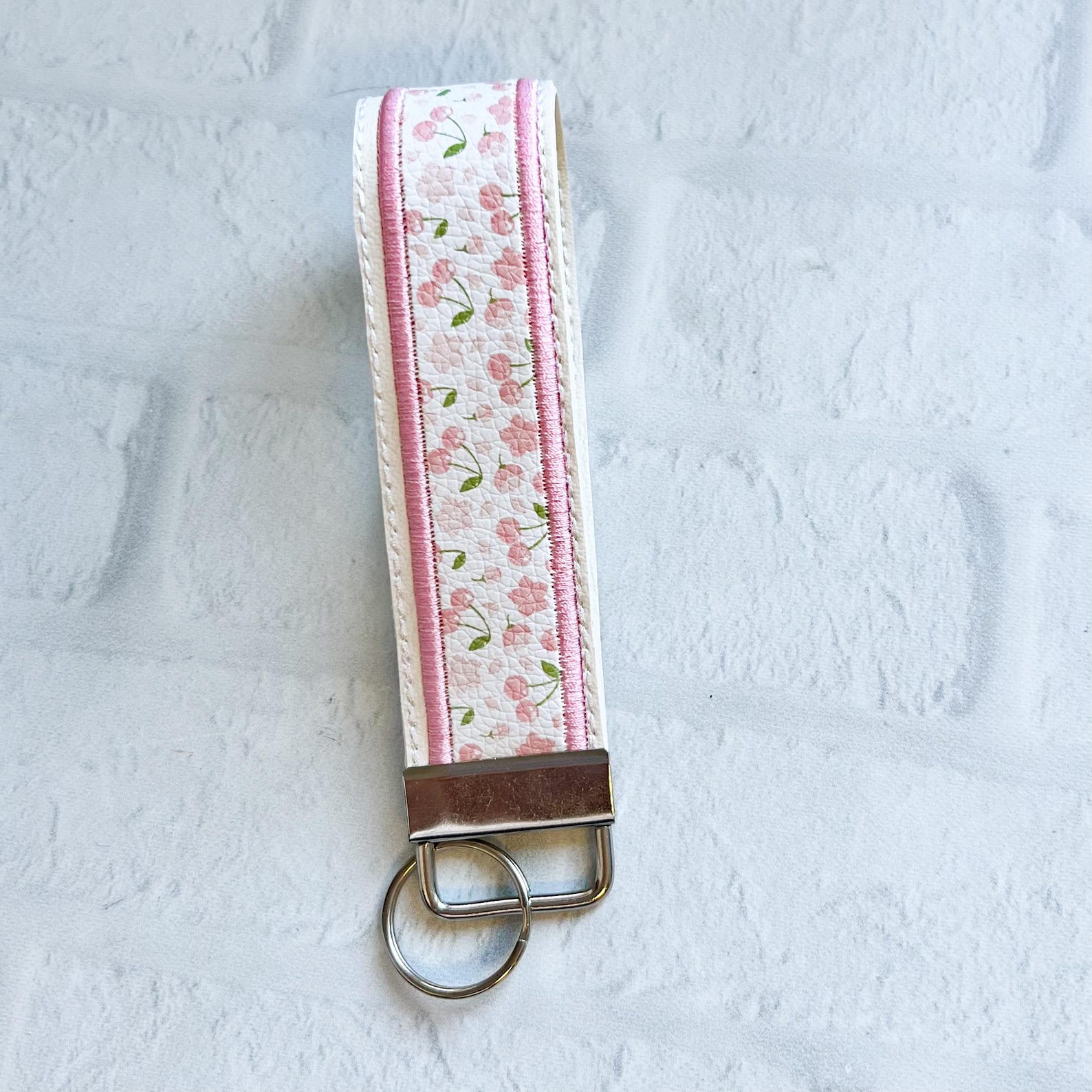Pink Cherry Vegan Leather Wristlet Keychain Key chain, Bridesmaid Gift Idea Gifts Under 20 For Her, Wristlet key fob, lanyard fob