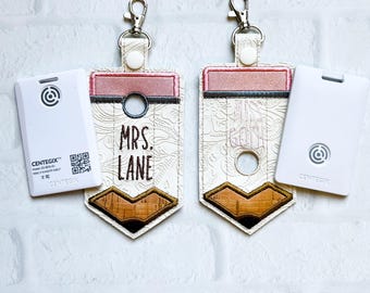 Cream Embossed Centegix Pencil ID Holder, ID Lanyard Clip,Alarm Badge Keychain Holder,Personalized Teacher Gifts, Personalized Vertical ID