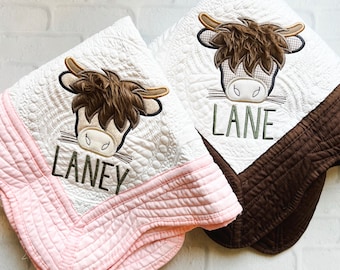 Personalized Highland Cow Nursery Heirloom Baby Quilt, Personalized Baby Boy Shower Gift Idea, Newborn Baby Gift, Monogrammed Baby Quilt
