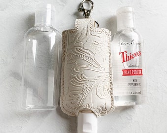 Cream Vegan Leather Embossed Hand Sanitizer Essential Oil Holder, Leather Hand Sanitizer Case, Hand Sanitizer Clip, Thieves Hand Sanitizer