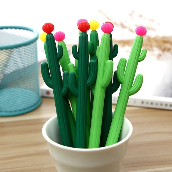 Green Cacti Gel Fine Tip Pens, Cactus Party Gift Favor, Flowering Cacti Gift for Her,Cactus Baby Shower Party Favor Gifts Under 10, .5mm pen