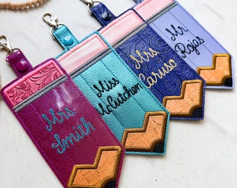 Personalized Vegan Leather Pen Pencil Holder : Teacher Lanyard Accessory, Stylus Pen Pencil Keychain Case, Planner Pen Pouch