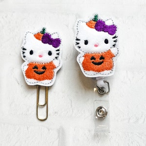Glitter Pumpkin Kitty Badge Reel,Pumpkin Nurse Teacher Lanyard Badge Reel Clip,Kawaii Cartoon Kitty ID Badge Reel, Badge Reel Clip, Gifts
