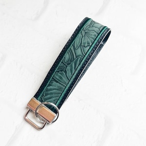 Green Floral Embossed Vegan Leather Wristlet Keychain Key chain, Bridesmaid Gift Idea Gifts Under 20 For Her, Wristlet key fob, lanyard fob
