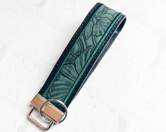 Green Floral Embossed Vegan Leather Wristlet Keychain Key chain, Bridesmaid Gift Idea Gifts Under 20 For Her, Wristlet key fob, lanyard fob