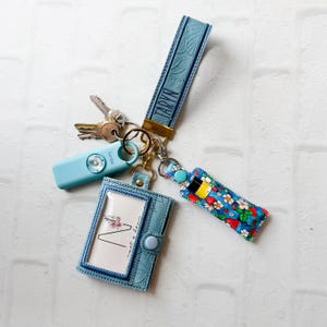 Floral Embossed Vegan Leather Wristlet Keychain - Light Blue Key Fob image 3