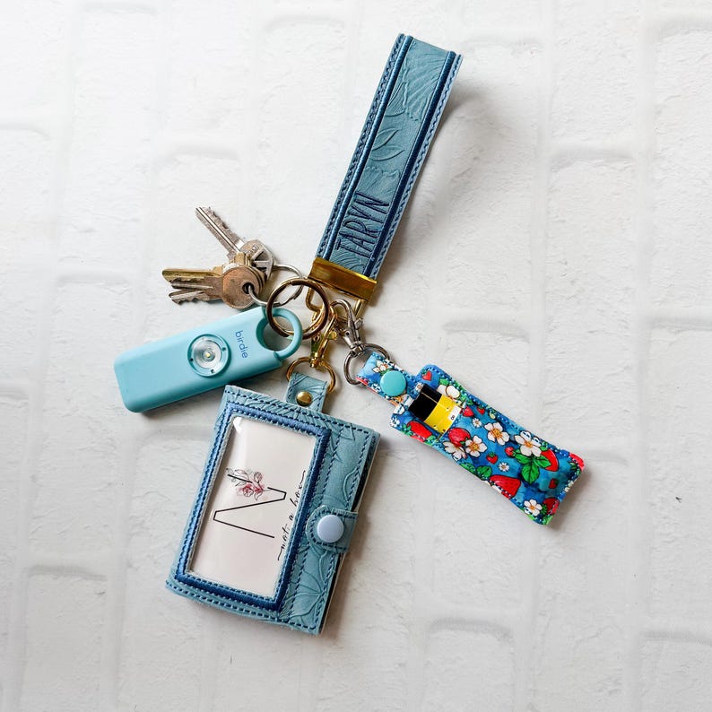 Floral Embossed Vegan Leather Wristlet Keychain - Light Blue Key Fob image 3