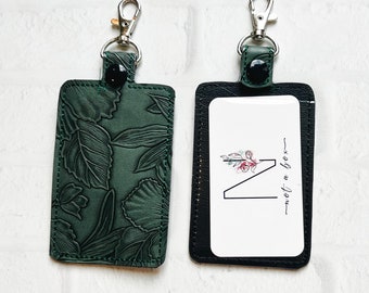 Green Embossed ID Holder,Personalized Bag Tag,Custom ID Badge Holder,Vertical ID Case,Lanyard Accessory, Teacher Gift,Gifts Under 20