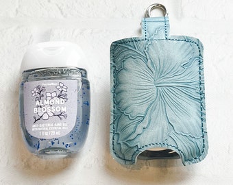 Pocket Bac Holder: Light Blue Pocketbac Hand Sanitizer Safety Keychain Case, Vegan Leather Floral Embossed Teacher Lanyard Accessory