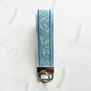 Lt Blue Floral Embossed Vegan Leather Wristlet Keychain Key chain, Bridesmaid Gift Idea Gifts Under 20 For Her,Wristlet key fob, lanyard fob