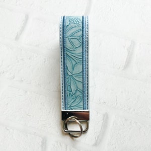 Floral Embossed Vegan Leather Wristlet Keychain - Light Blue Key Fob
