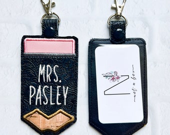 Black Embossed Pencil ID Holder,Personalized Bag Tag,Custom ID Badge Holder,Vertical ID Card Case,Lanyard Accessory, Teacher Gifts Under 20