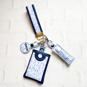 Tiny Blue Floral Vegan Leather Wristlet Keychain Key chain, Bridesmaid Gift Idea Gifts Under 20 For Her, Wristlet key fob, lanyard fob