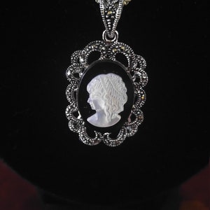 Vintage Cameo Mother of Pearl Onyx Sterling and Marcasite Made in Italy