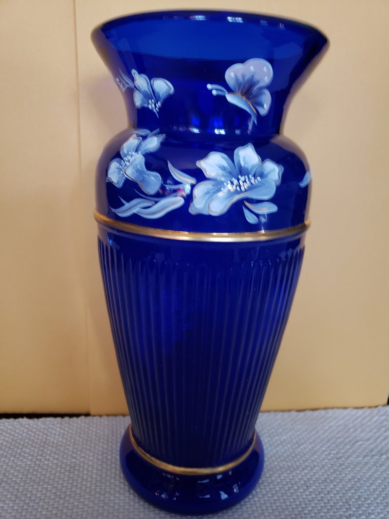 Fenton Hand Painted Cobalt Blue Arts Glass Vase Etsy