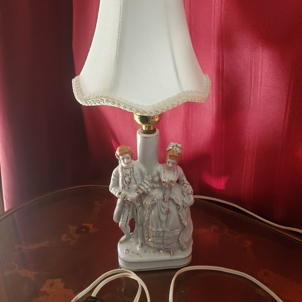 Vintage Colonial Couple Table Lamp Made in Occupied Japan White with Gold Trim