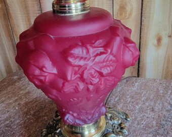 Vintage Fenton Victorian Rose Lamp Dark Red Color Signed