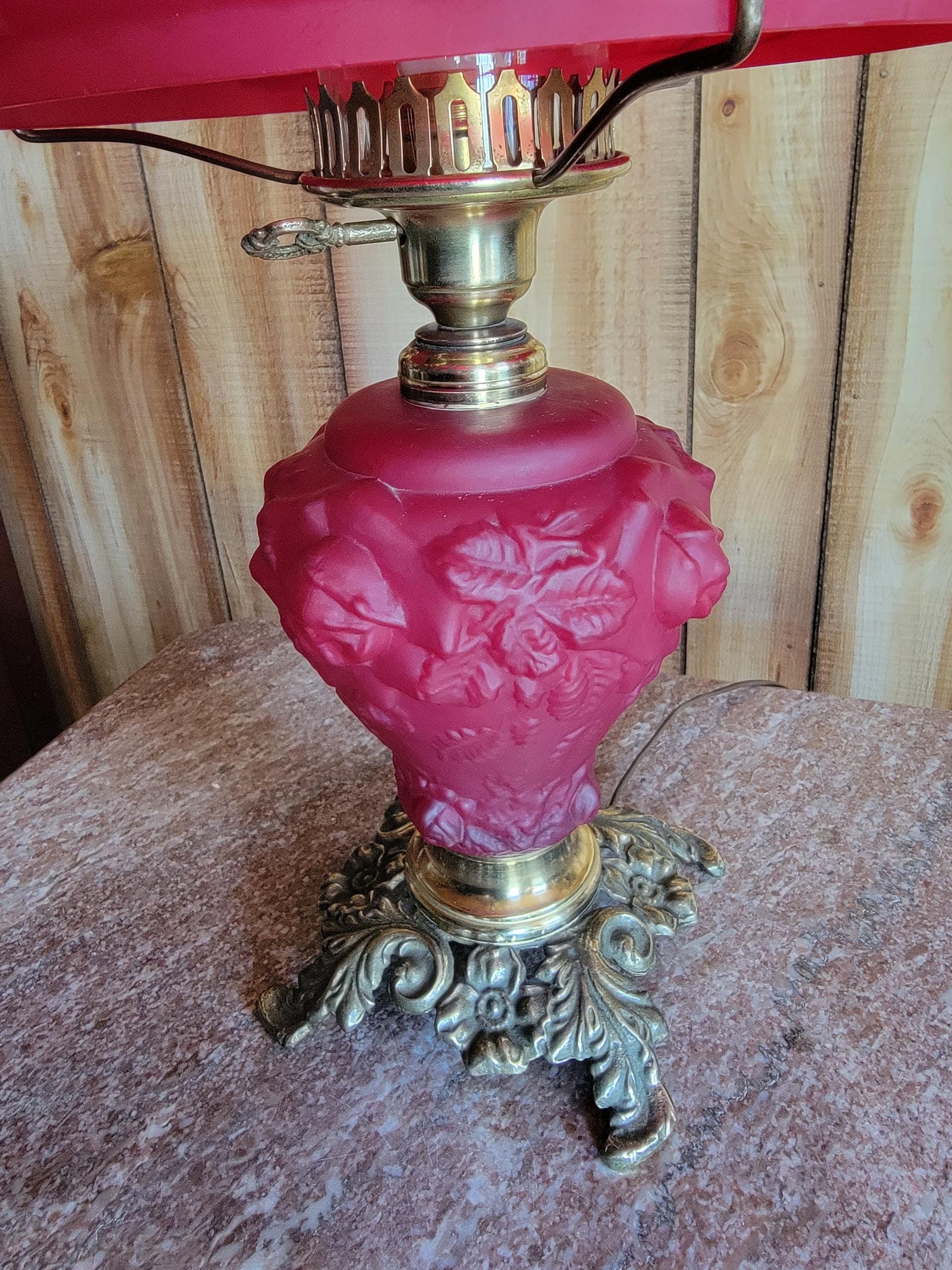 Vintage Fenton Victorian Rose Lamp Dark Red Color Signed