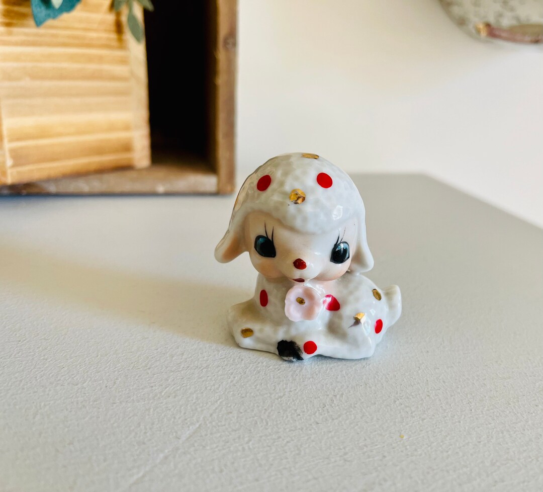 Vintage Miniature Lamb Red Polka Dot Figurine Japan 1950's// Vintage