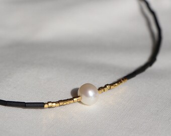 Necklace FRESHWATER BEAD and Miyuki pearls, black, gold plated 24K, Silver 925. Boho ChiC - Surfing