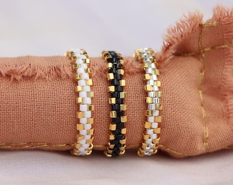 Mini-COCO Ring - Stackable ring woven with Miyuki beads, 24K gold plated, 925 sterling silver, black, white. Boho Chic - Christmas Gift for Her