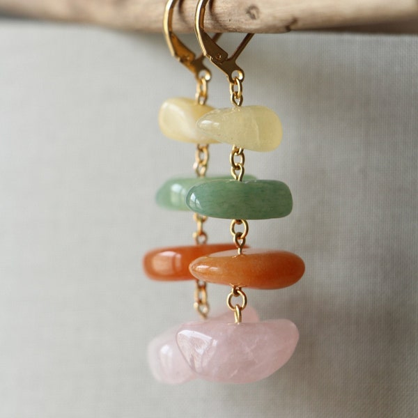 B.O. GAIA - Boucles d'oreilles quartz rose, aventurine vert, orange et calcite miel en or fin 24K