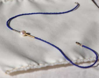 Cobalt blue choker necklace, 24K gold plated with Miyuki beads and freshwater pearl - Boho ChiC - Surfer