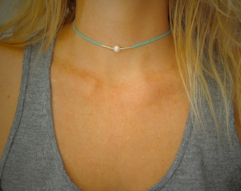 Turquoise blue necklace, silver 925 plated in Miyuki pearls and freshwater pearl - Boho ChiC - Surfer