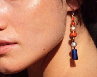B.O. ASTRA - Long 14K Gold-filled gold earrings, lapis lazuli, orange coral and freshwater pearls, Boho Chic, Mother's Day
