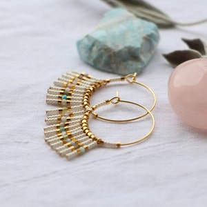 B.O. BAMBOU Golden hoop earrings with Miyuki pearl fringes, 24K Gold Plated, Pearly Cream White, multi-colored stones - Boho Chic,