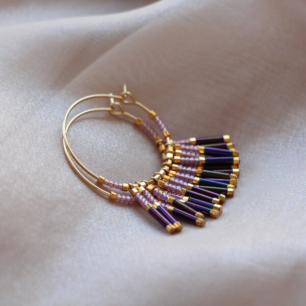 B.O. BAMBOU - Golden hoop earrings with fringes in Miyuki beads, mauve, purple and 24K gold plated, Boho ChiC - Women's Christmas gift