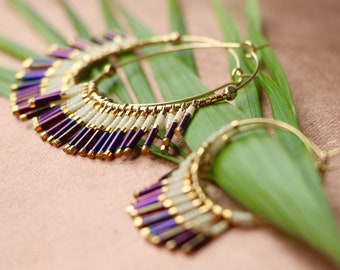 B.O. BAMBOU Gold hoop earrings with Miyuki pearl fringe, 24K gold plated, ultra violet, ivory - Boho ChiC