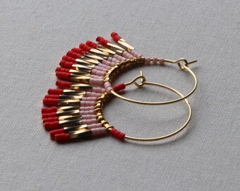 B.O. BAMBOU - Fringed hoop earrings in Miyuki beads: 24K Gold Plated, Powder Pink, Coral Red. Boho Chic - Christmas Gift