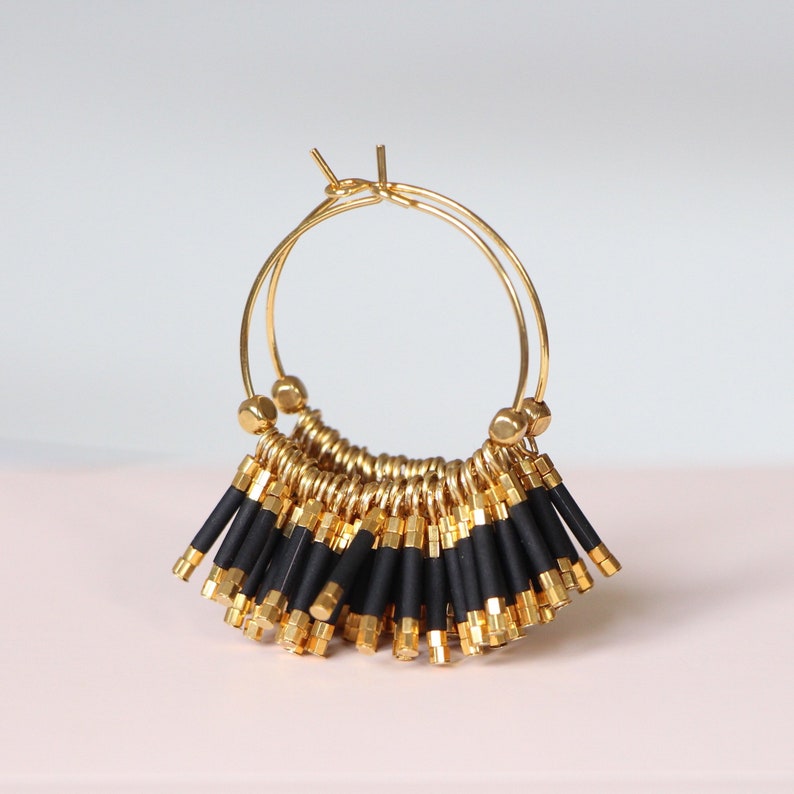 Gold Plated 24k Wedding Art Deco Miyuki Pearls Summer GATSBY Golden Creoles Fine Gold 24 carats B.O Black Mate Boho Chic Retro