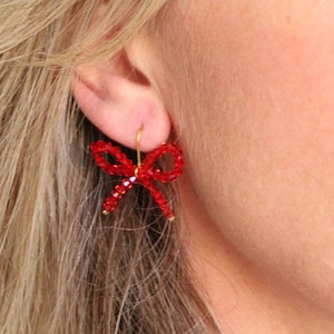 B.O. BILLIE Red Swarovski Crystal Bow Earrings, 24K Gold Plated Brass Sleeper Earrings - Boho Chic - Christmas