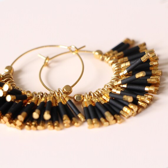 B.O. GATSBY - Boucles d'oreilles créoles or fin avec perles Miyuki plaqué or 24K et noir - Bohème Chic - Fête des Mères