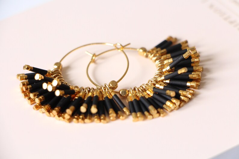 Gold Plated 24k Wedding Art Deco Miyuki Pearls Summer GATSBY Golden Creoles Fine Gold 24 carats B.O Black Mate Boho Chic Retro