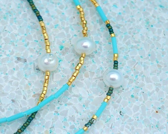 Necklace FRESHWATER PEARL, 24K Gold Plated, Turquoise Blue Green in Miyuki Glass Beads - Boho Chic