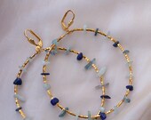 B.O. LUNA Large sleeper hoop earrings in gold plated with lapis lazuli, cyanite and aquamarine stones - Boho Chic