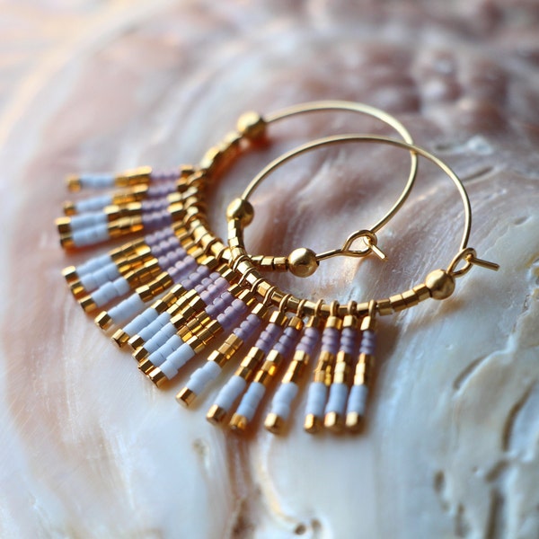 B.O. BAMBOU Golden hoop earrings with Miyuki pearl fringe Amethyst, Lilac Mauve, Sky blue and 24K gold plated, Boho Chic